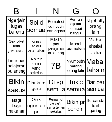 BINGO 7B Bingo Card