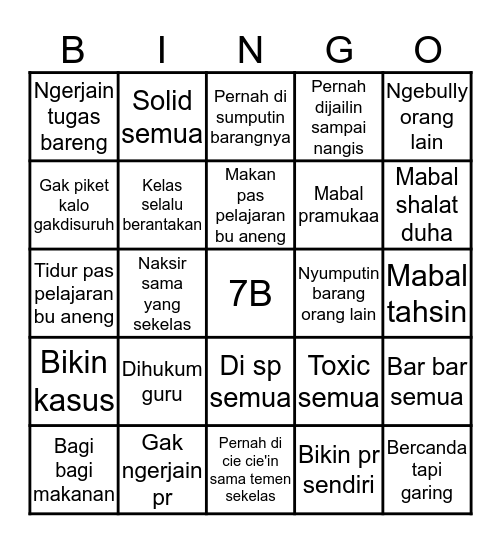 BINGO 7B Bingo Card