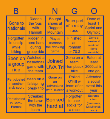 UVA Triathlon Bingo Card