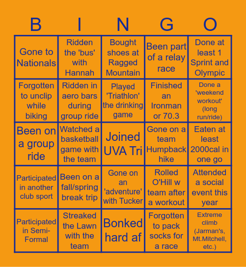 UVA Triathlon Bingo Card