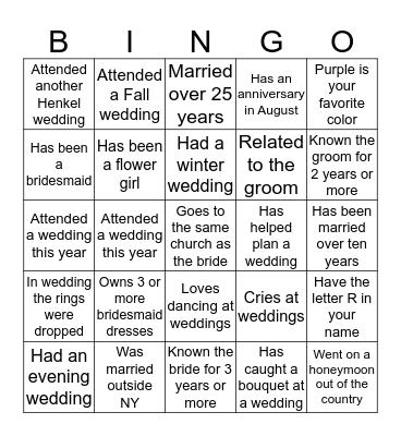 Wedding  BINGO.... find someone who.. Bingo Card