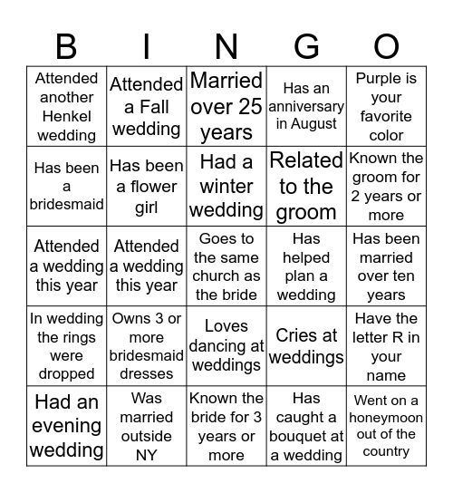 Wedding  BINGO.... find someone who.. Bingo Card