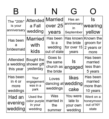 Wedding  BINGO.... find someone who.. Bingo Card