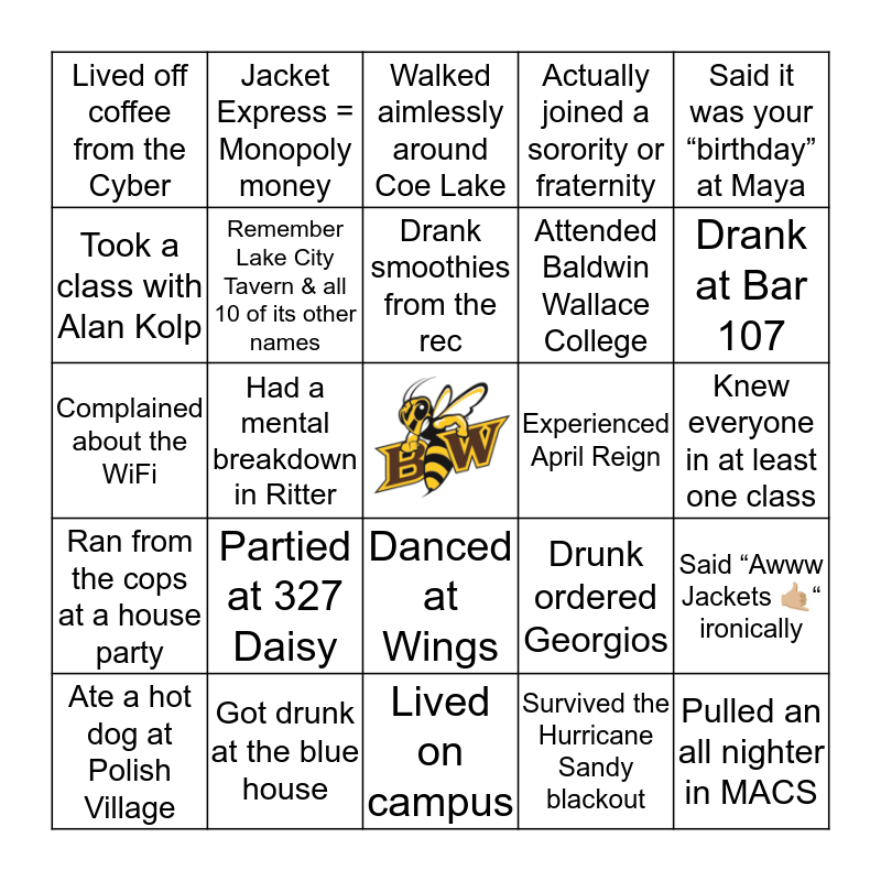 Baldwin Wallace BINGO Card