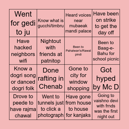Jammu Bingo Card