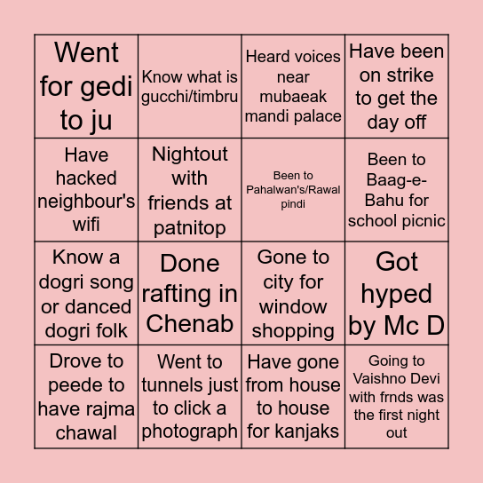 Jammu Bingo Card