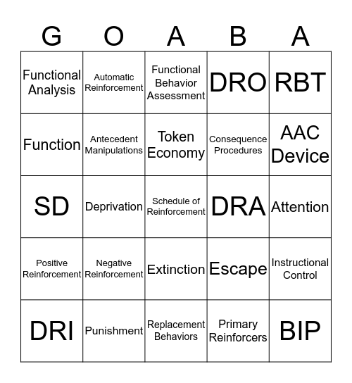 Playing it up ABA Style Bingo Card