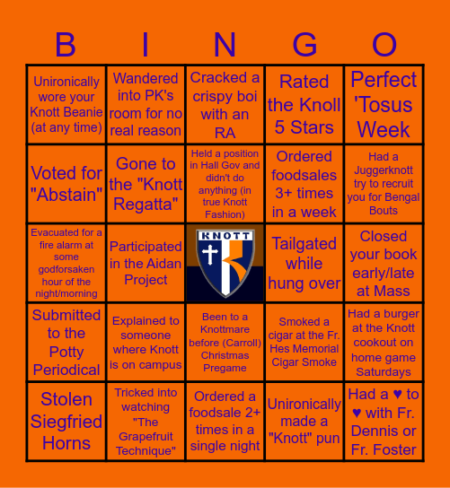 Knott Hall Bingo Card