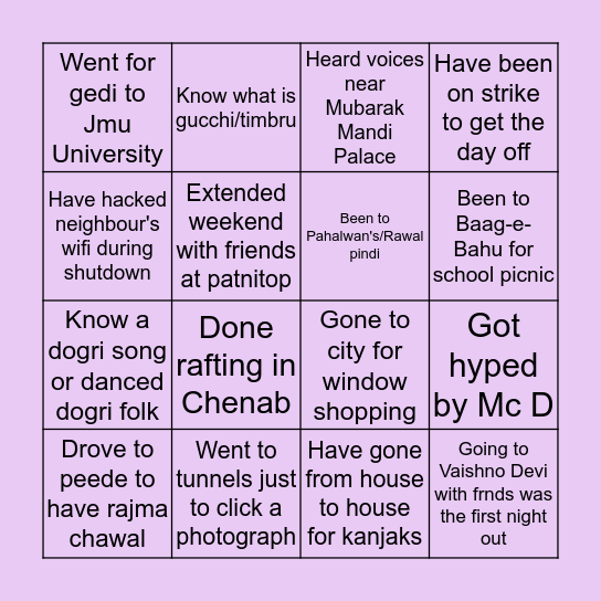 Jammu Bingo Card