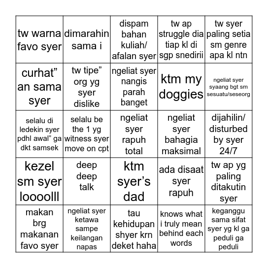 Shyer’s personal bingo Card