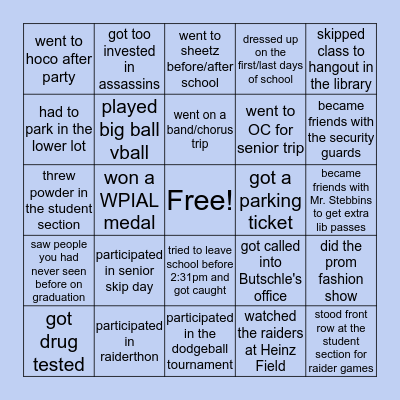 Seneca Valley BINGO Card