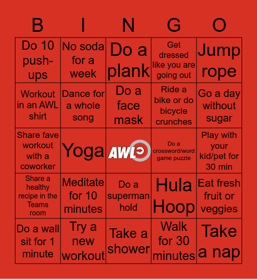 AWL Health Week Bingo Card
