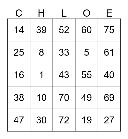 Chloe's Cheetah Bingo Card