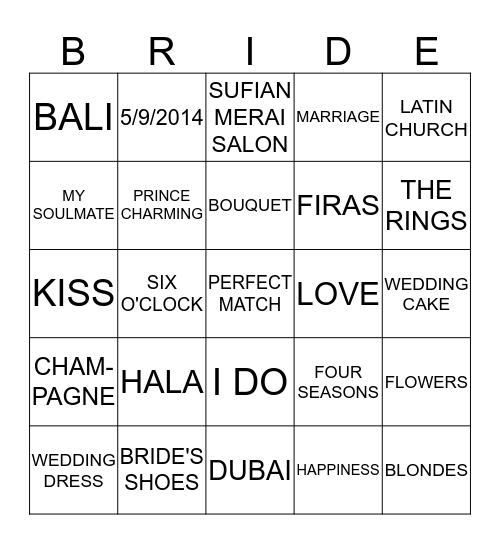 BRIDAL BINGO Card