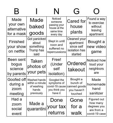 Quarantine Bingo Card