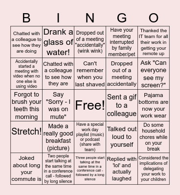 Remote Work Bingo Card