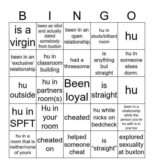 Buxton Student Bingo v2 Hookup Edition Bingo Card