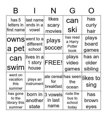 Getting to Know You Bingo Card