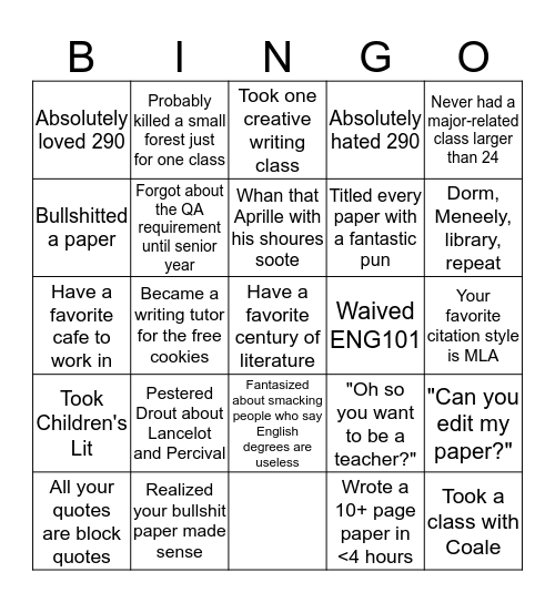 Wheaton English Major Bingo Card