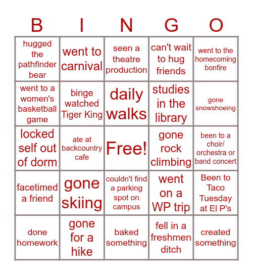 WCU Quarantine Bingo Card