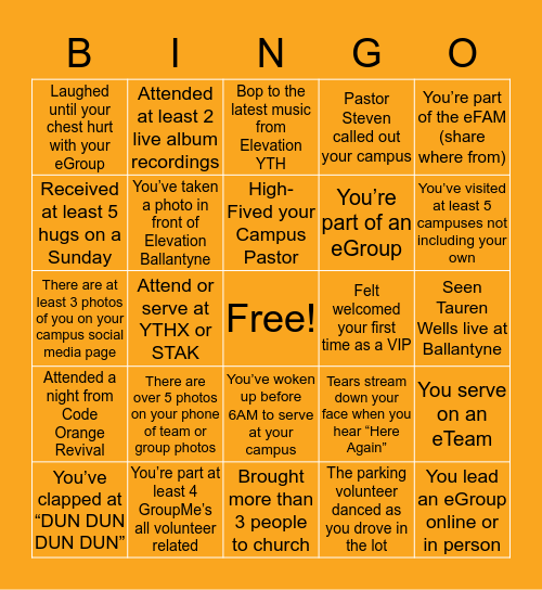 Elevation Church Bingo Card