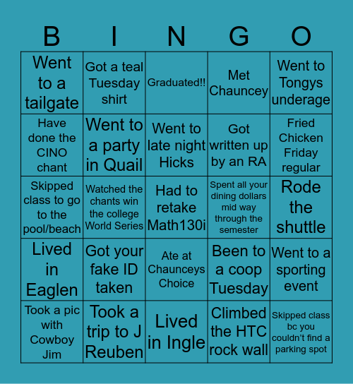Coastal Carolina Bingo Card