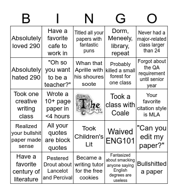 Wheaton English Major Bingo Card