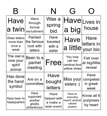 Chi Omega Bingo Card