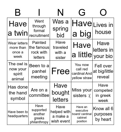 Chi Omega Bingo Card