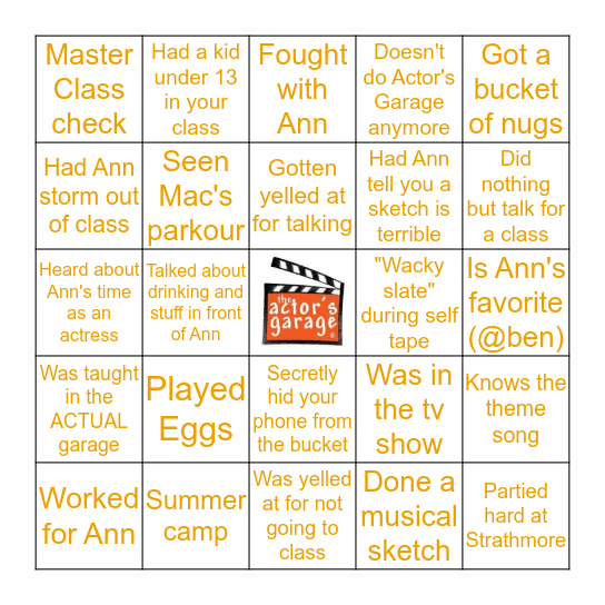 Actor's Garage Bingo Card