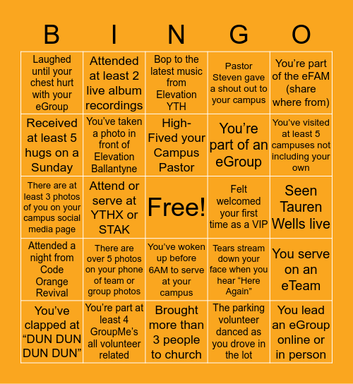 Elevation Church Bingo Card