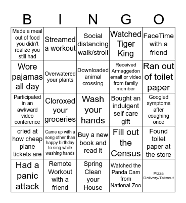 Social Distancing Bingo Card