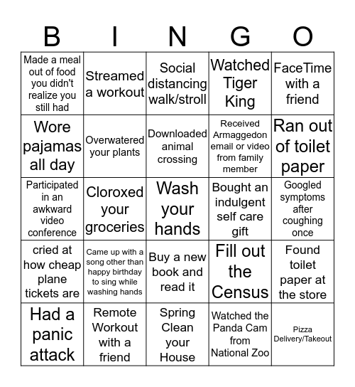 Social Distancing Bingo Card