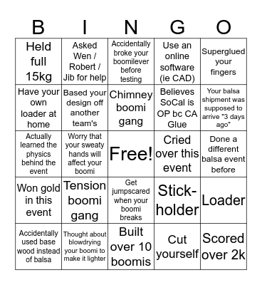 Science Olympiad: Boomilever Bingo Card