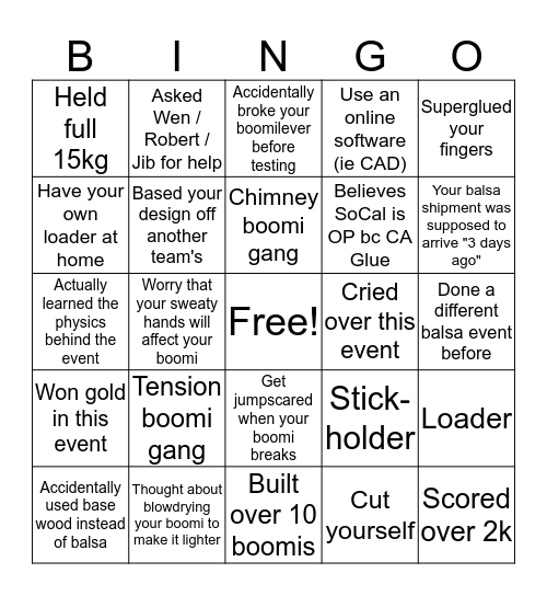 Science Olympiad: Boomilever Bingo Card