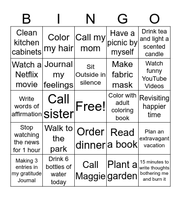 My Self-Care Plan Bingo Card