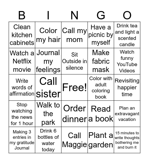My Self-Care Plan Bingo Card