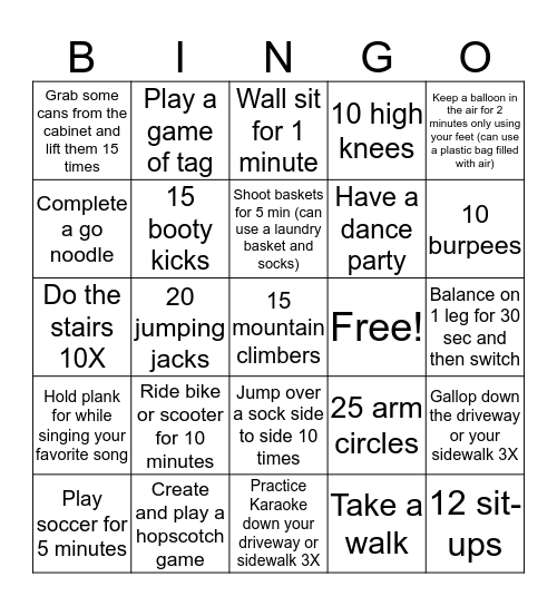 P.E. Bingo Week 3 Bingo Card