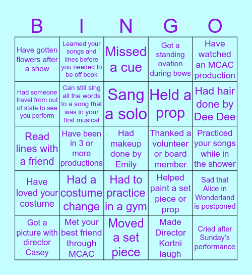 MCAC Cast Bingo! Bingo Card