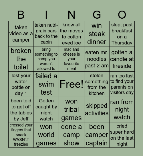 Camp Manitou Bingo Card