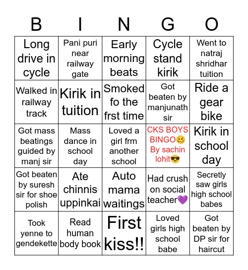 CKS BOYS Bingo Card