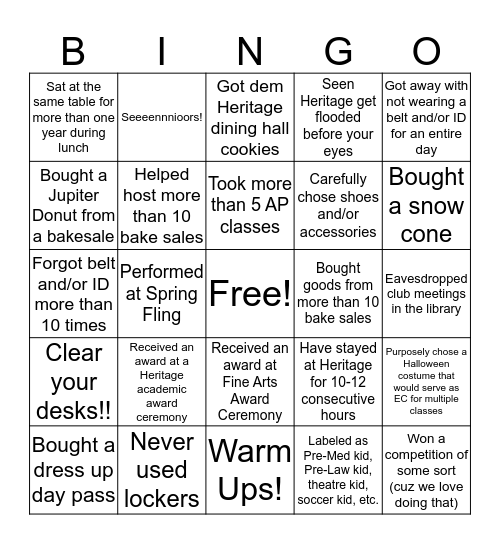 Wholesome/Innocent Heritage Bingo Card