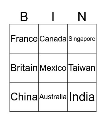 Countries and Regions Bingo Card