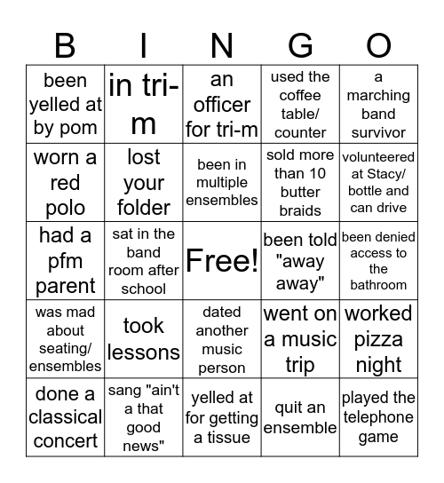 Milford Music Department!!! Bingo Card