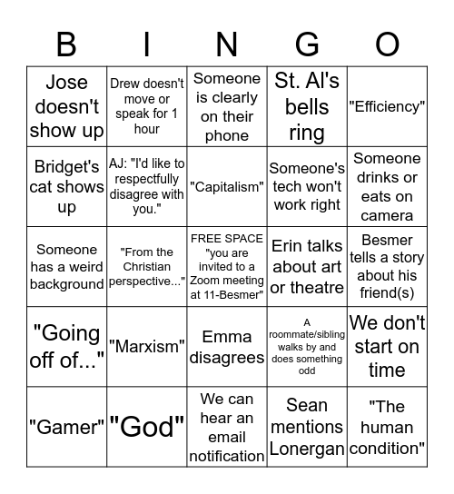 Honors Zoom Bingo Card