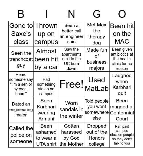 UTA Bingo Card