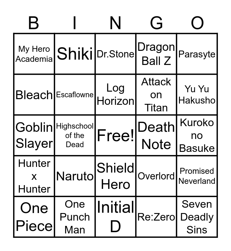 What Anime have you watched? Bingo Card