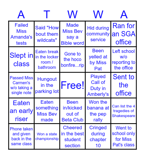 Wilcox Academy Bingo Card