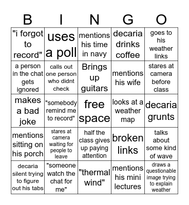 decaria zoom bingo Card