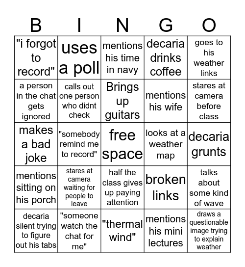 decaria zoom bingo Card